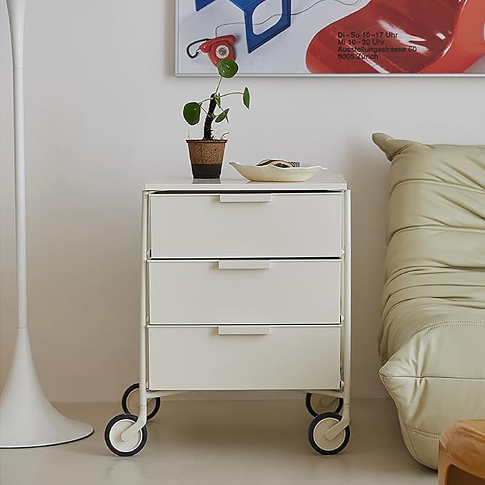 3-Drawer Rotatable End Table, Storage End Table Sofa Side Cabinet, Modern Cream - Image 2