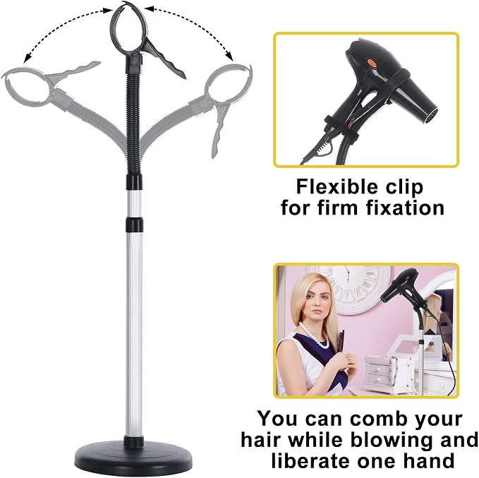 Erytlly Hair Dryer Stand Hands Free 360-Degree Rotating Adjustable Height Metal - Image 5