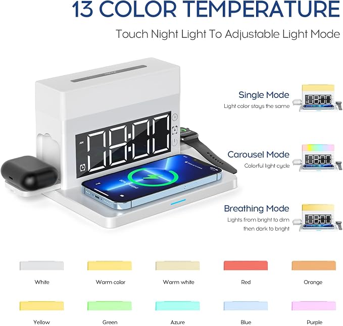 Wireless Charging Station with 65W USB C Charger, 6 in 1 Alarm Clock Magnetic - Image 4