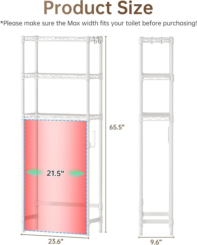 Over The Toilet Shelf, 3-Tier Adjustable Freestanding Metal Bathroom Organizer - Image 3