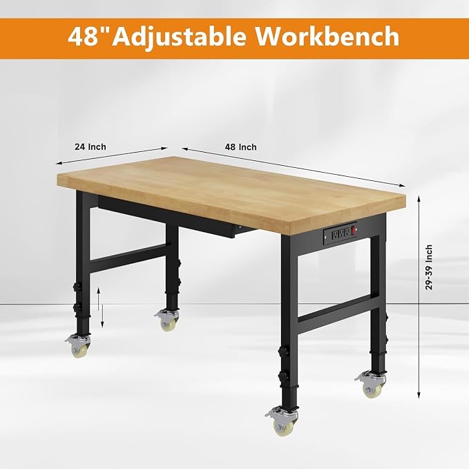 48" Work Bench with Drawers, Adjustable Height Workbench with Wheels, - Image 2