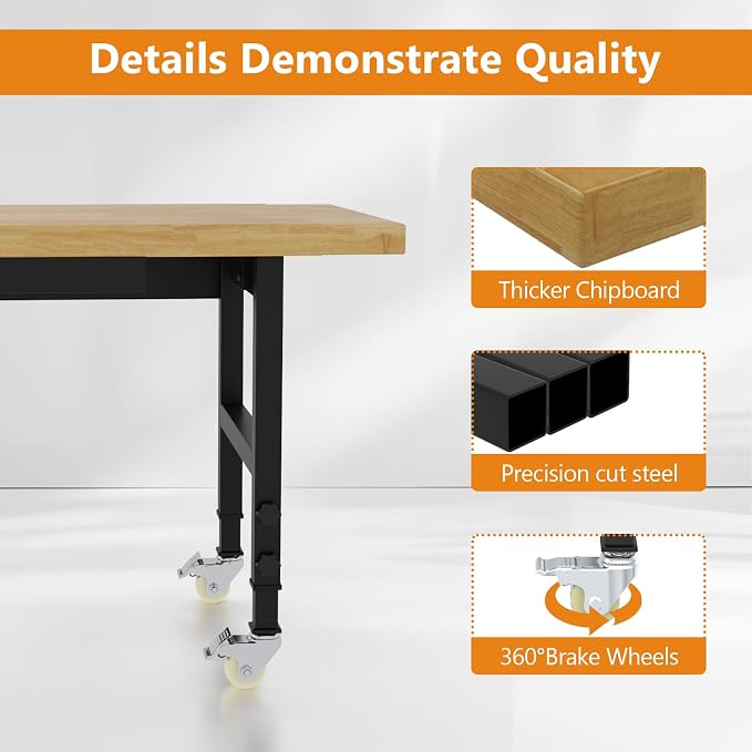 60" Work Bench with Wheels, Adjustable Height Workbench with Drawers, - Image 3