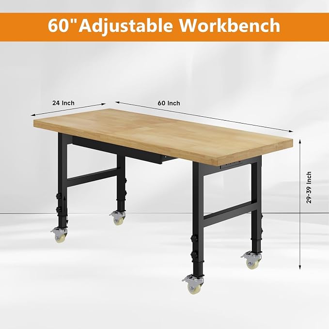 60" Work Bench with Wheels, Adjustable Height Workbench with Drawers, - Image 2