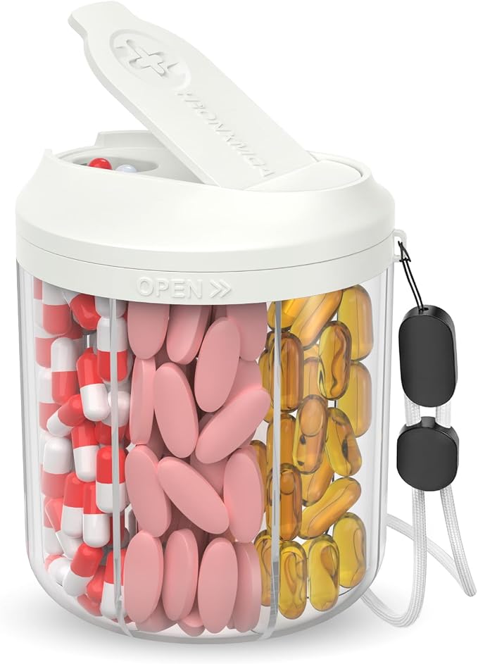 Pill Dispenser with 7 Large Compartments, 4.4" H x 3.6" Dia Pill Bottle by HIONXMGA
