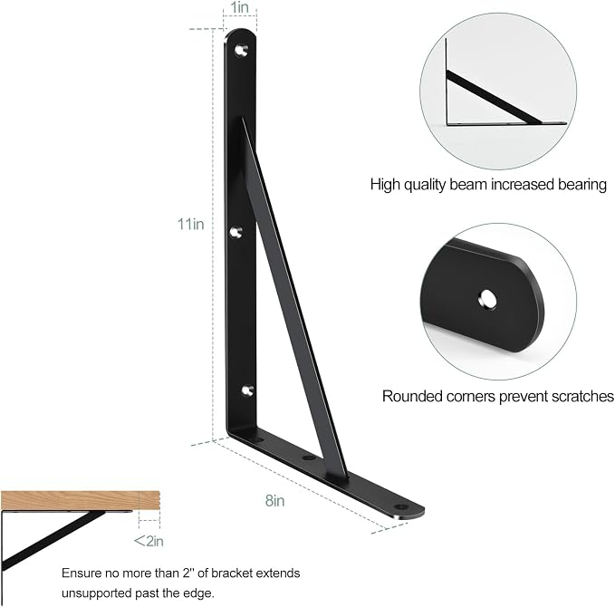 4 Pack L11 x H 8" Black Heavy Duty Shelf Brackets - Image 2