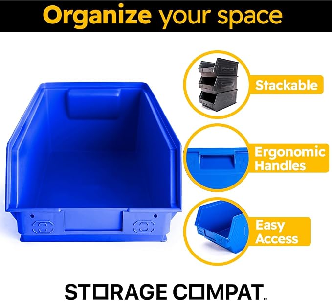 6-Pack Storage Bins, Wall Mount, Stackable & Freestanding, 12”x 8” x 6” Plastic - Image 4