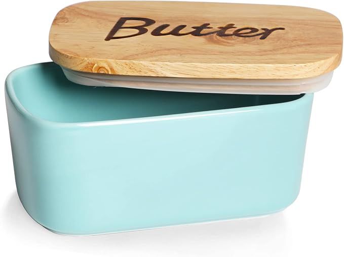 Ceramics Butter Dish with Wooden Lid- Large Covered Butter Holder by GDCZ