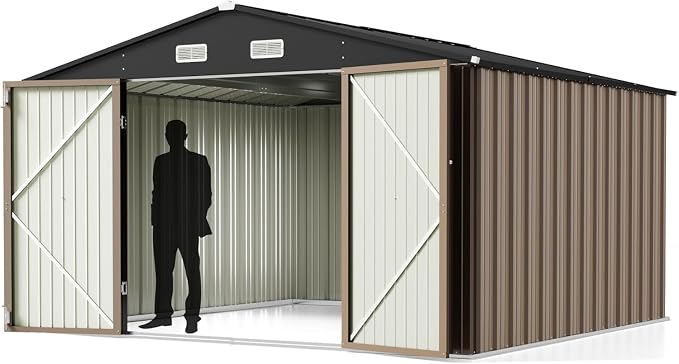 Greesum 10x10FT Outdoor Storage Shed, Utility Tool Shed Metal Storage Garden by BuynowfromGreesum