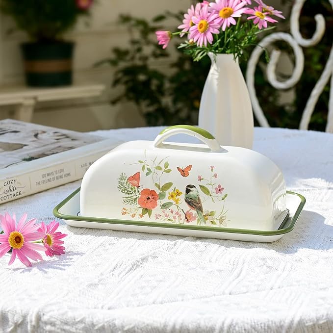 Enamel Butter Dish with Lid Vintage Enamelware Butter Keeper with Flower and - Image 8