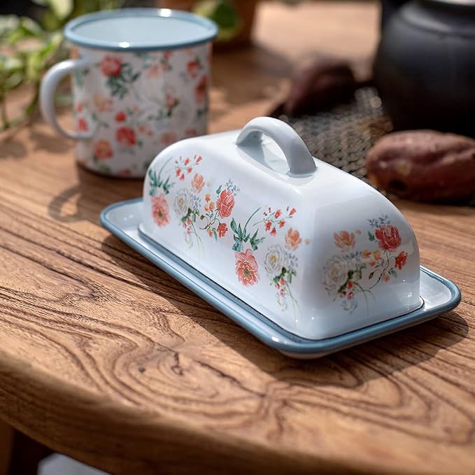Enamel Butter Dish with Lid Vintage Enamelware Butter Holder with Flower Design - Image 6