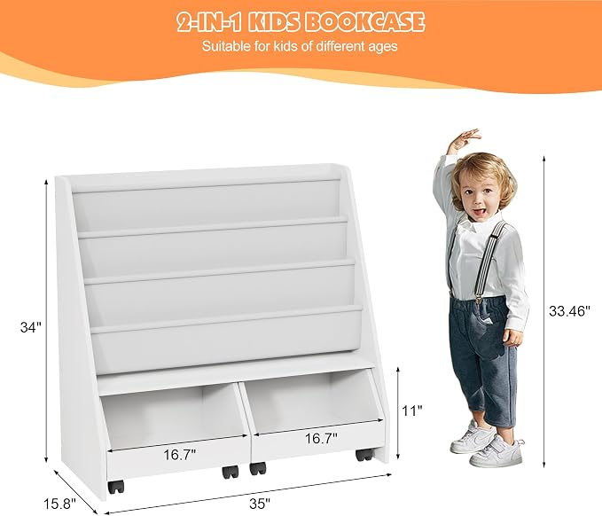 Kids Bookshelf with Two Movable Drawers Toddler Bookcase with Toy Storage - Image 3