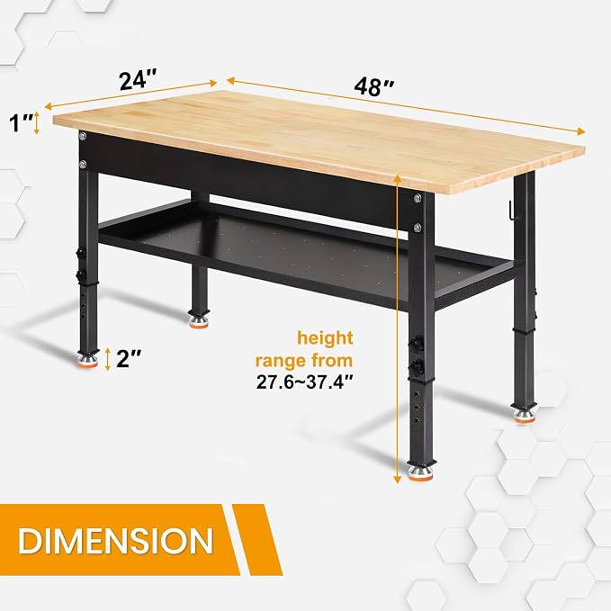 48"/60'' Adjustable Workbench, Rubber Wood Work Bench Heavy-Duty - Image 5