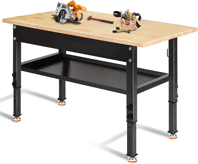 48"/60'' Adjustable Workbench, Rubber Wood Work Bench Heavy-Duty by PolarAurora