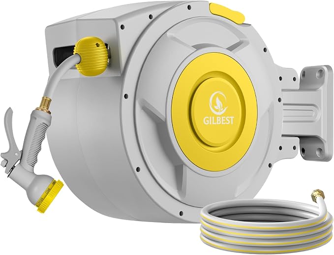 130 ft x 1/2" Retractable Garden Hose Reel, Heavy Duty Water Hose Reel Wall by GILBEST