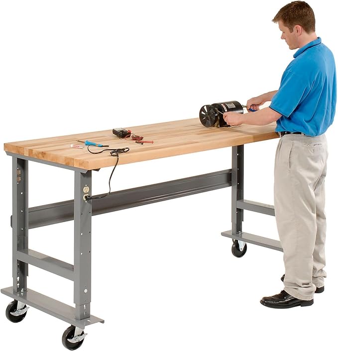 Global Industrial Mobile Adjustable Height Workbench, Maple Butcher Block - Image 2