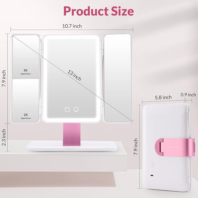 EASEHOLD Foldable Tri-Fold Lighted Makeup Vanity Mirror - Image 4