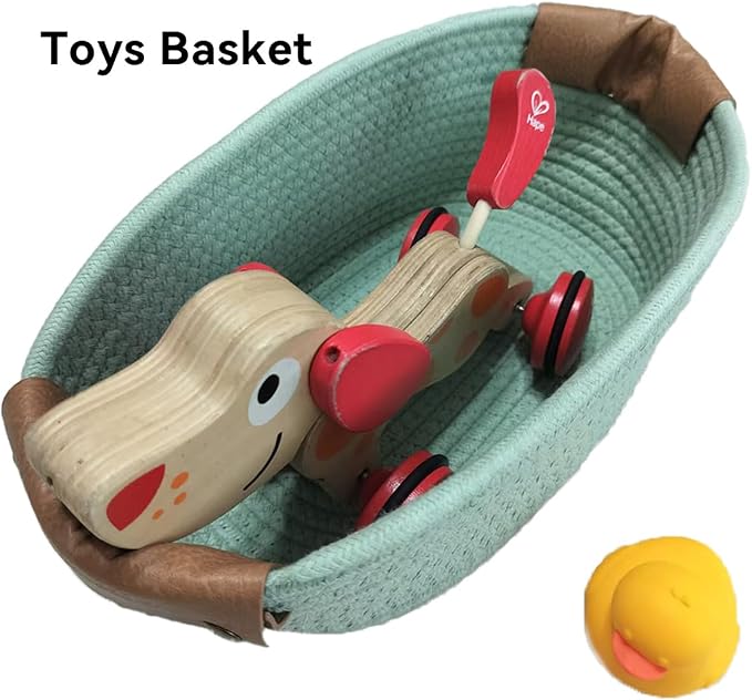 Small Cotton Woven Basket with PU Leather Handle, Baby Kids Clothes Toys Candy - Image 5