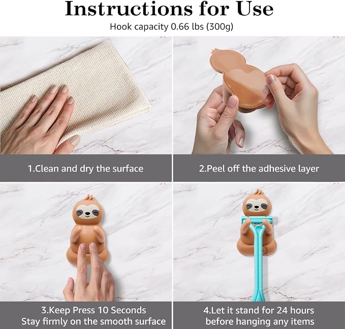 Cute Sloth Waterproof Self-Adhesive Shower Hook Set, Funny Sloth Razor Holder - Image 3