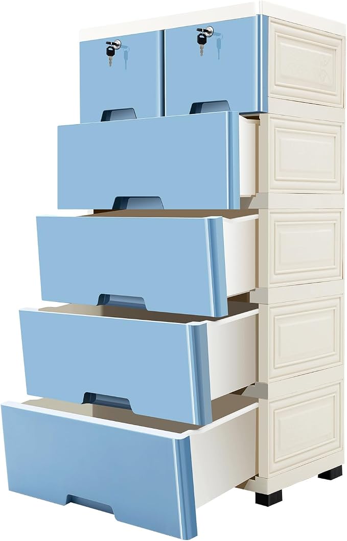 5-Layers Plastic Dresser with 6 Drawers Movable Chest of Drawers Locked Storage by Unknown