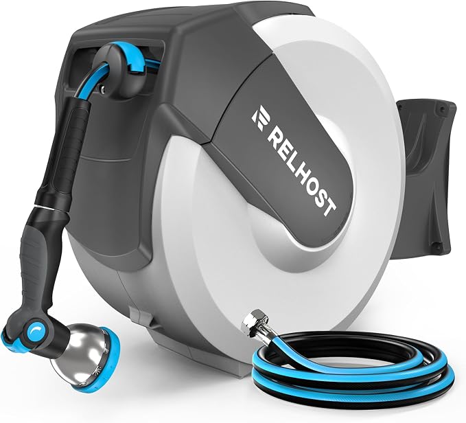 Retractable Garden Hose Reel 100 ft x 1/2 in, Heavy Duty Hose Reel Wall Mount by Relhost