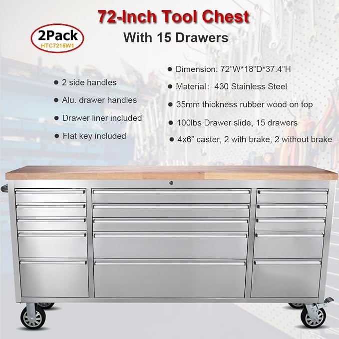 2 Pack - 72" Stainless Steel Rolling Tool Chest - Image 5