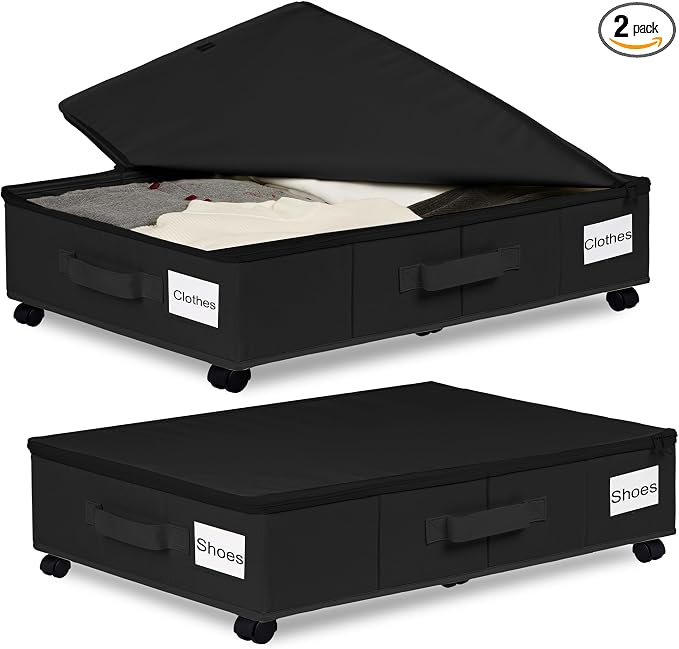 Under Bed Storage with Wheels, 2 Pack Under Bed Storage Containers with Label by Vincona