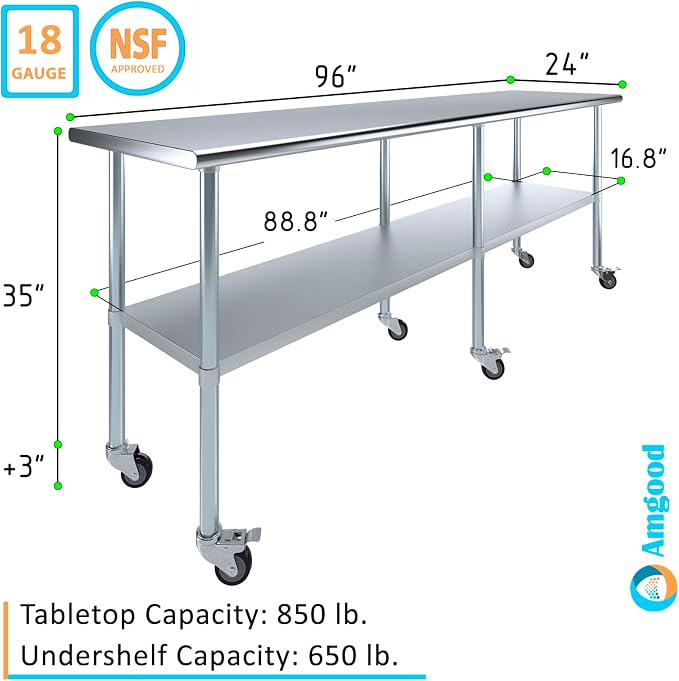 AmGood 96" Long x 24" Deep Stainless Steel Table - Image 3