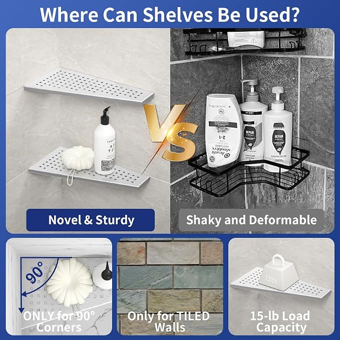Corner Shower Shelf, Brushed 12" Trapezoid Floating Shelf, 304 Stainless Steel - Image 4
