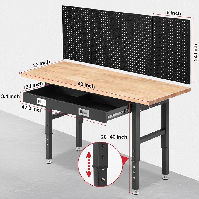 Workbench for Garage 60 x 22 Inch Adjustable Height Work Table - Image 7