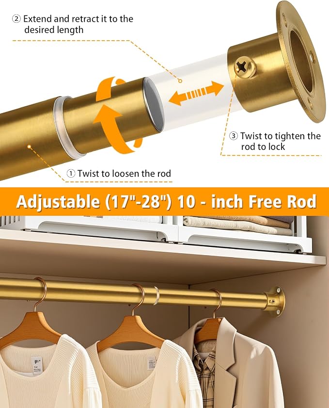 Closet Rods for Hanging Clothes, 17-64 Inch Heavy Duty and Stepless Adjustable - Image 4