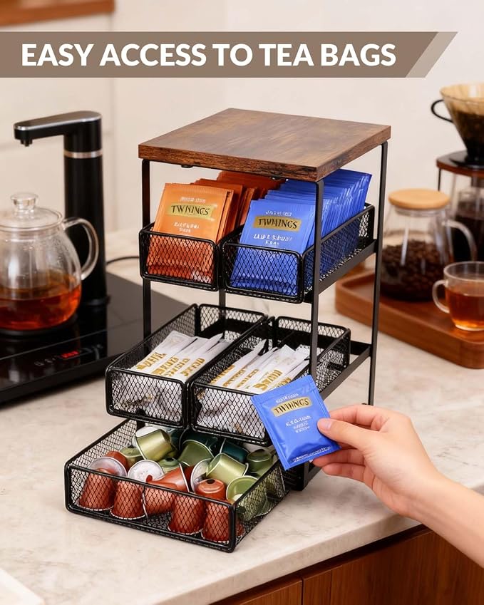 Tea Bag Organizer with 5 Drawers, Wooden & Metal Tea Storage Organizer - Image 4