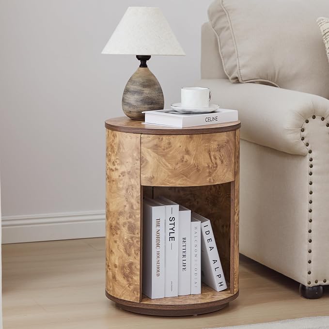 Side Table with Drawer, Round Bedside Table with Open Shelf, Farmhouse Burl by Unknown