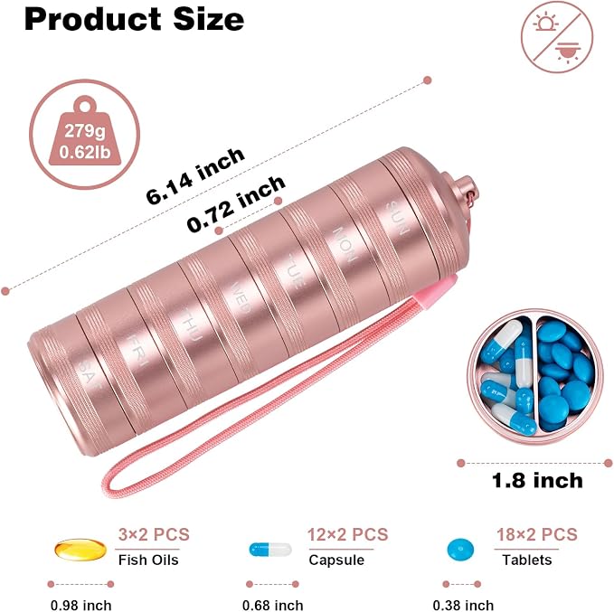 XHT Pink Weekly Metal Pill Organizer 7 Day 2 Times a Day – Aesthetic Waterproof - Image 2