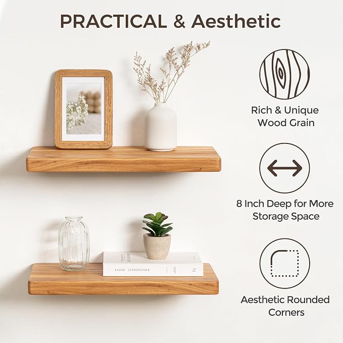 Floating Shelves 30" W x 8" D, Solid Elm Wood Shelves - Image 4