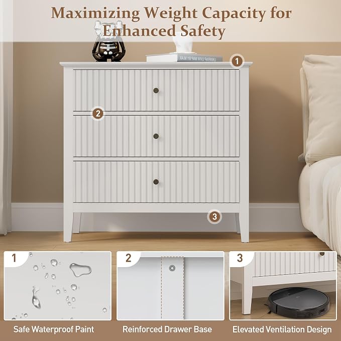 RoyalCraft White Fluted 3 Drawer Dresser, 32 inch Wide Dresser Nightstand - Image 8