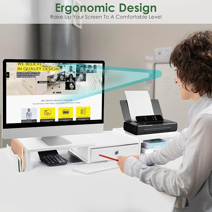 Dual Monitor Stand Riser w/ Drawer & Metal Leg, Large White Computer Monitor - Image 4