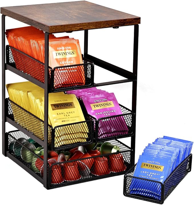 Tea Bag Organizer with 5 Drawers, Wooden & Metal Tea Storage Organizer by IntreLife