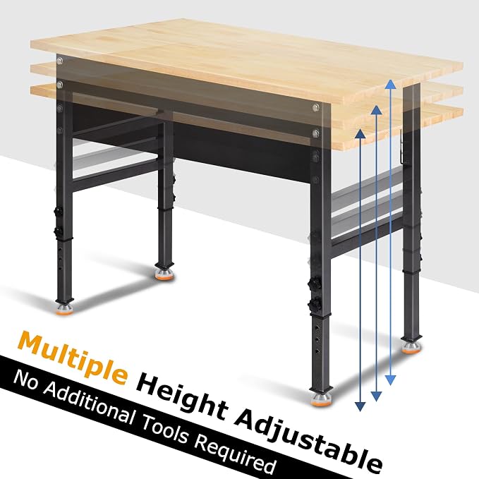 48" Adjustable Work Bench, Rubber Wood Top Workbench Heavy-Duty Work Table - Image 8