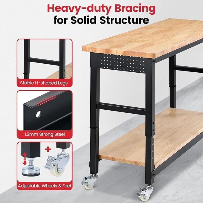 Workbench with Wheels 60 x 22 Heavy Duty Rubberwood Tabletop Work Bench - Image 4