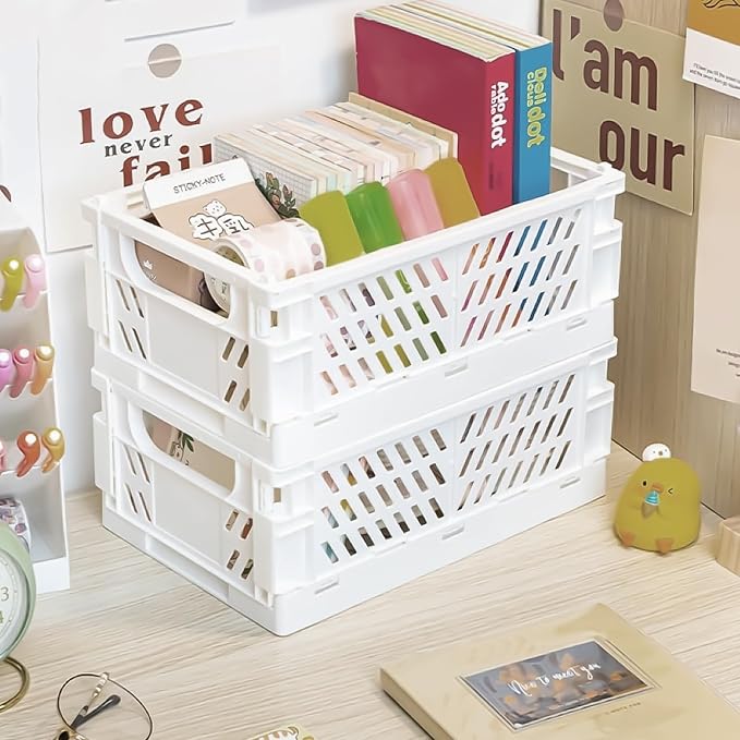 Small Pastel Plastic Storage Bins 2Pcs Foldable Pastel Crates Plastic Basket - Image 5