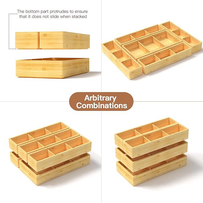 5 pieces Bamboo Drawer Organizer, Adjustable 3 Individual Junk Drawer organizer - Image 3
