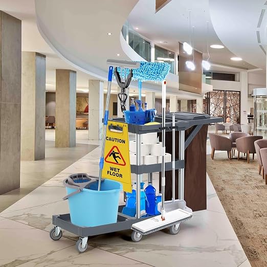 Commercial Traditional Janitorial 3-Shelf Cleaning Cart on Wheels - Image 3