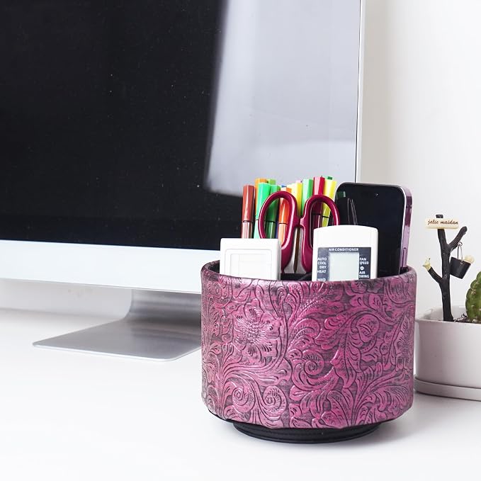 lizimandu Round Leather Art Supply Organizer, Remote Control Holder, 360 Degree - Image 7