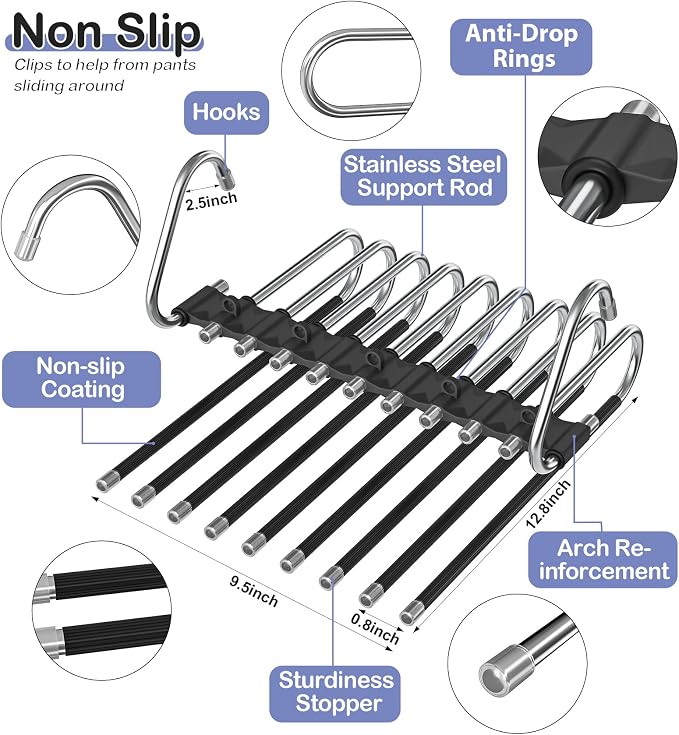 Upgrade 9 Layers Pants Hangers Space Saving, 2 Pack Non Slip Stainless Steel - Image 5