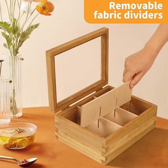 Wood Tea Bag Organizer, 6 Compartment Multi-Functional Tea Box and Storage - Image 5