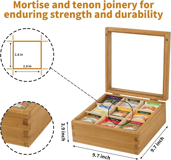 Wood Tea Bag Organizer, 9 Compartment Multi-Functional Tea Box and Storage - Image 2
