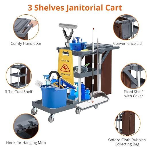 Commercial Traditional Janitorial 3-Shelf Cleaning Cart on Wheels - Image 6