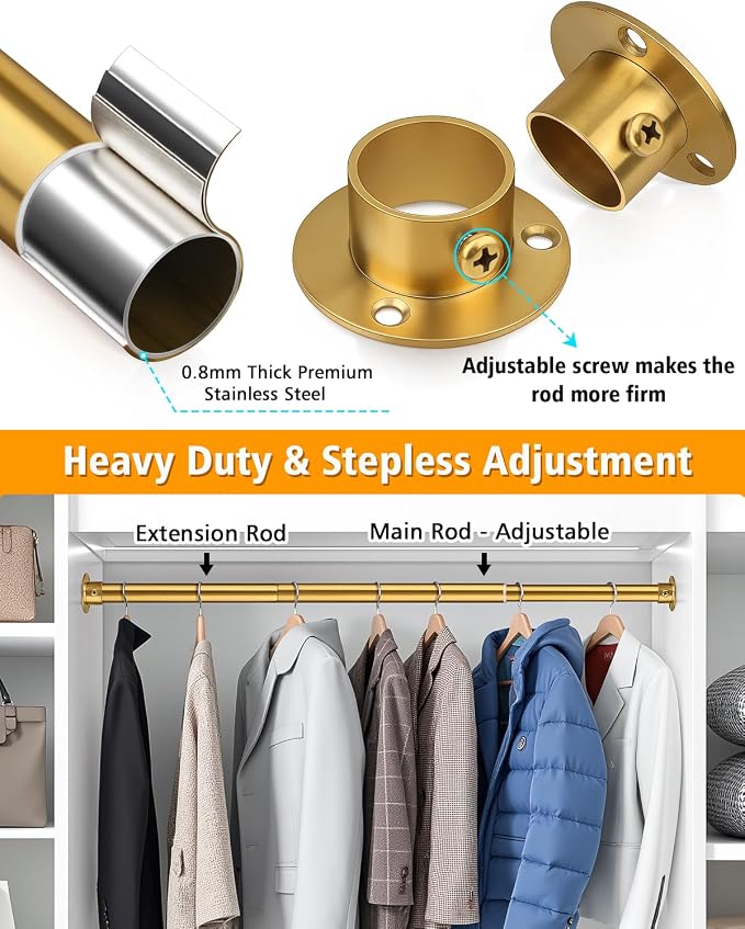 Closet Rods for Hanging Clothes, 17-52 Inch Heavy Duty and Stepless Adjustable - Image 3