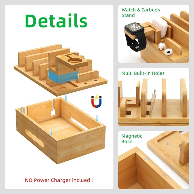 Bamboo Charging Station for Mutil Devices, Desktop Charging Station Organizer - Image 4