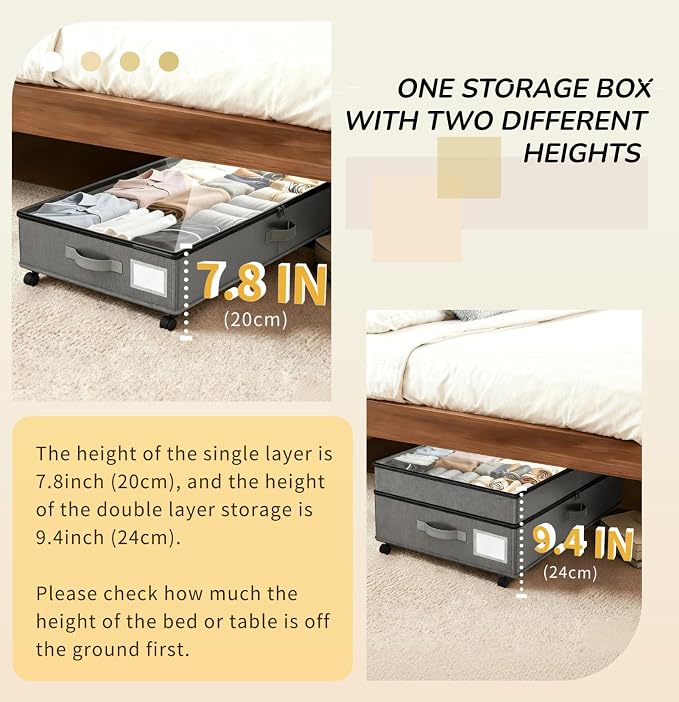 Under Bed Storage with Wheels, 72L Large Capacity Adjustable Height Underbed - Image 7